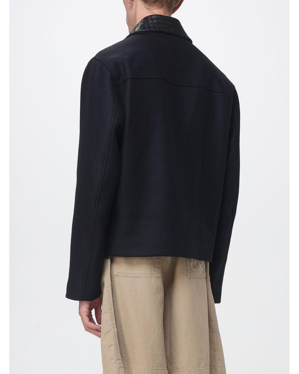 Bottega Veneta Blue Single-Breasted Short Wool Coat With Leather Collar for men