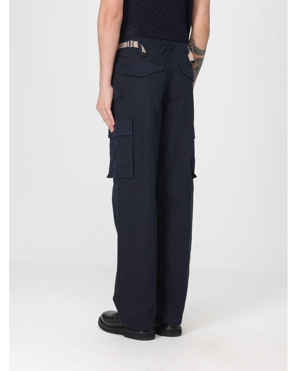 Burberry Blue Cotton Trousers With Check Details for men
