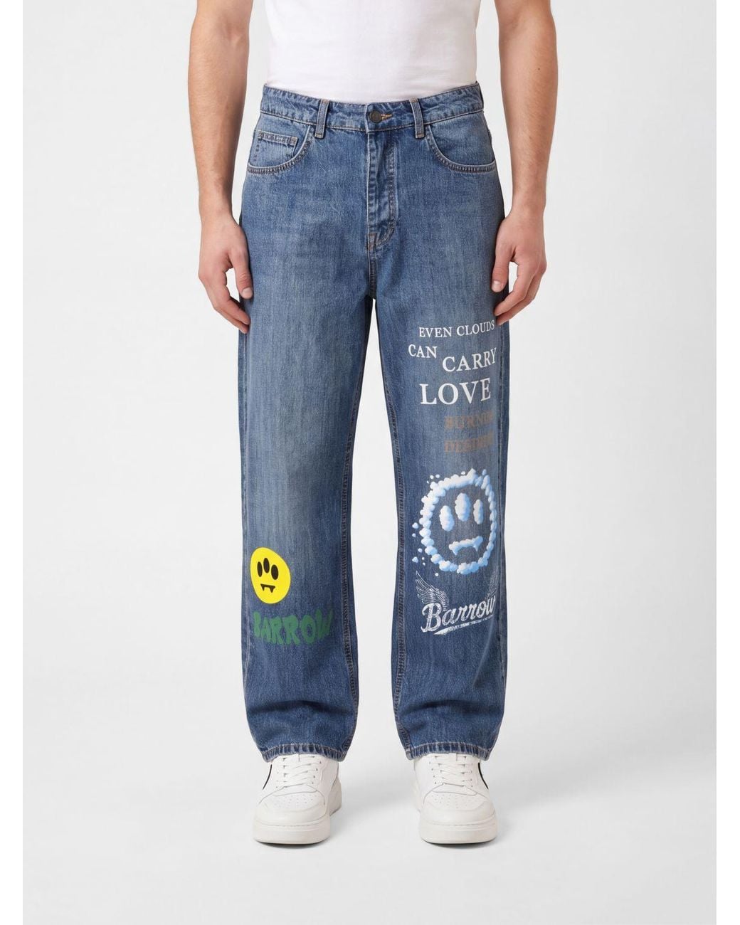 Barrow Blue Wide Leg Cotton Jeans With Graphic And Slogan Print for men