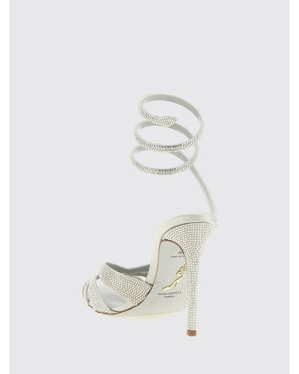 Rene Caovilla White High-Heeled Satin Sandals With Rhinestone-Covered Snake Strap