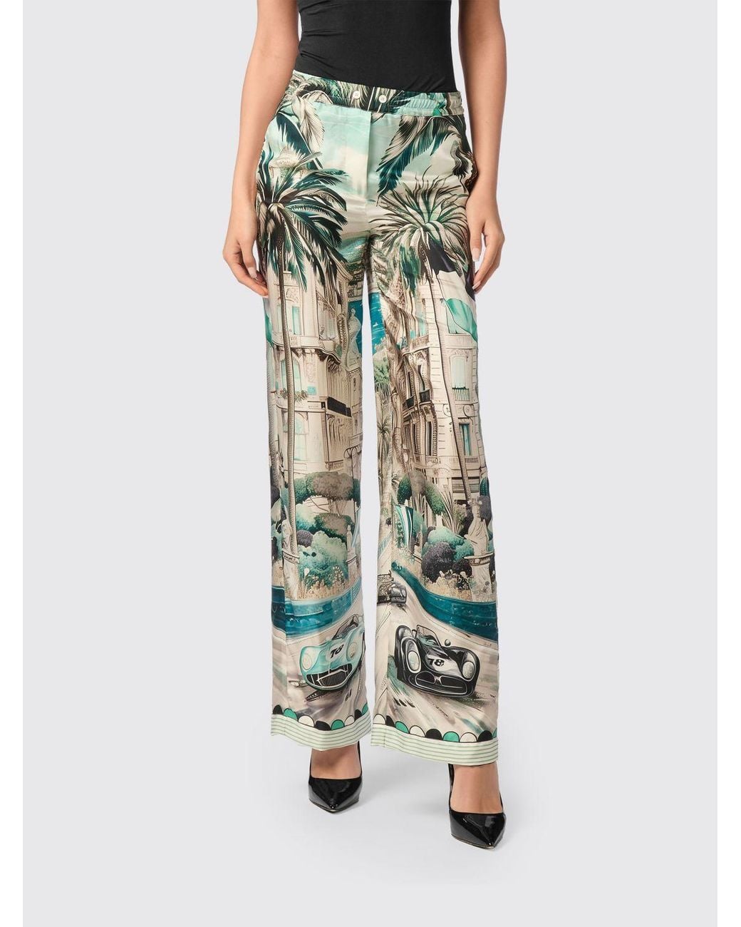 Philipp Plein Green Graphic Print Satin Palazzo Trousers With Drawstring Waist