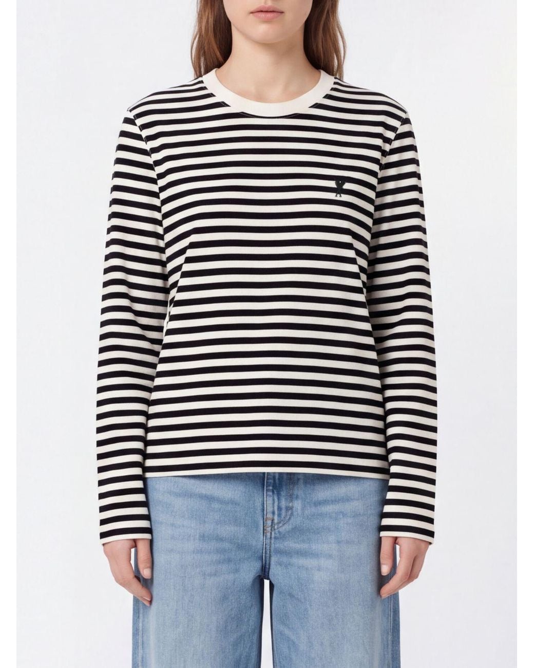 AMI Black Striped Long-Sleeved Cotton T-Shirt With Embroidered Logo