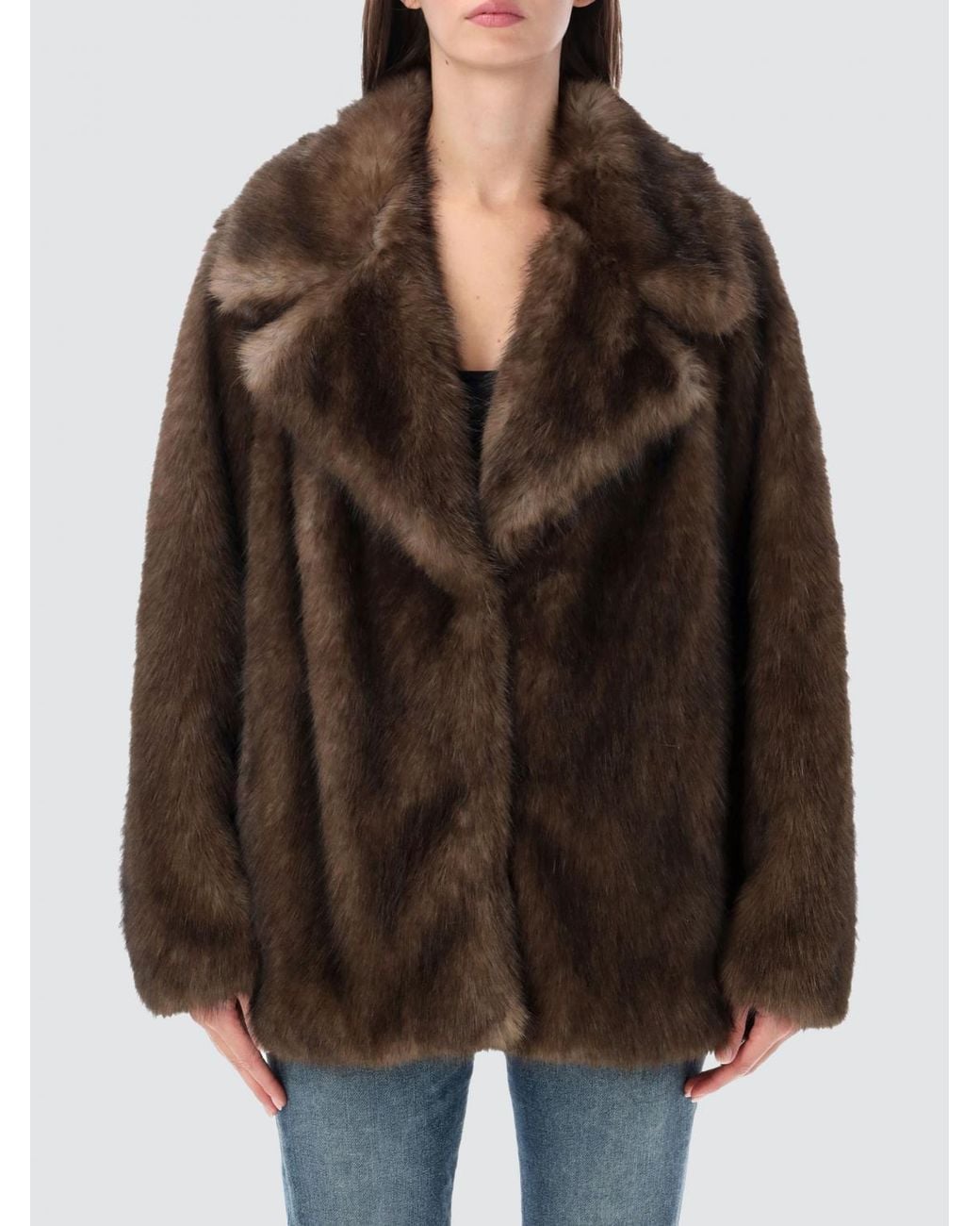 Stand Studio Brown Short Shearling-Style Faux Fur Jacket With Dropped Shoulders