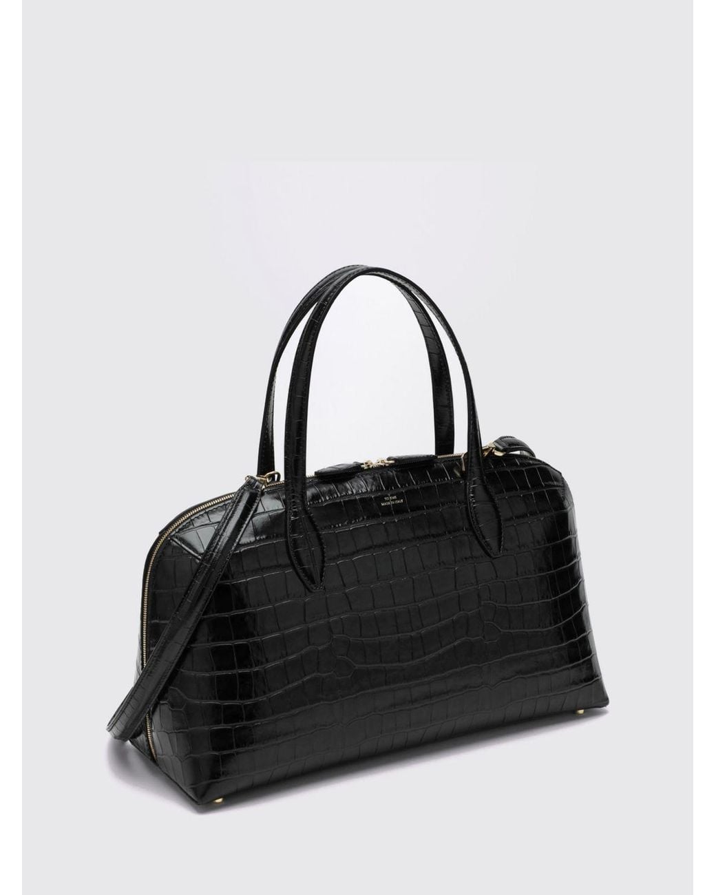 Totême Black Leather Handbag With Croc Print, Double Handle And Shoulder Strap