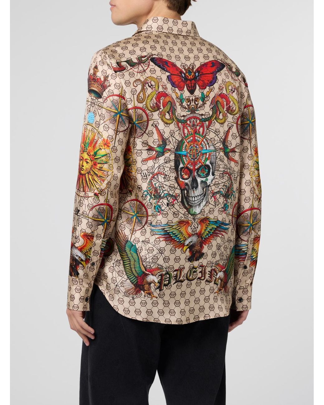 Philipp Plein Natural Silk Shirt With Monogram And Graphic Prints for men