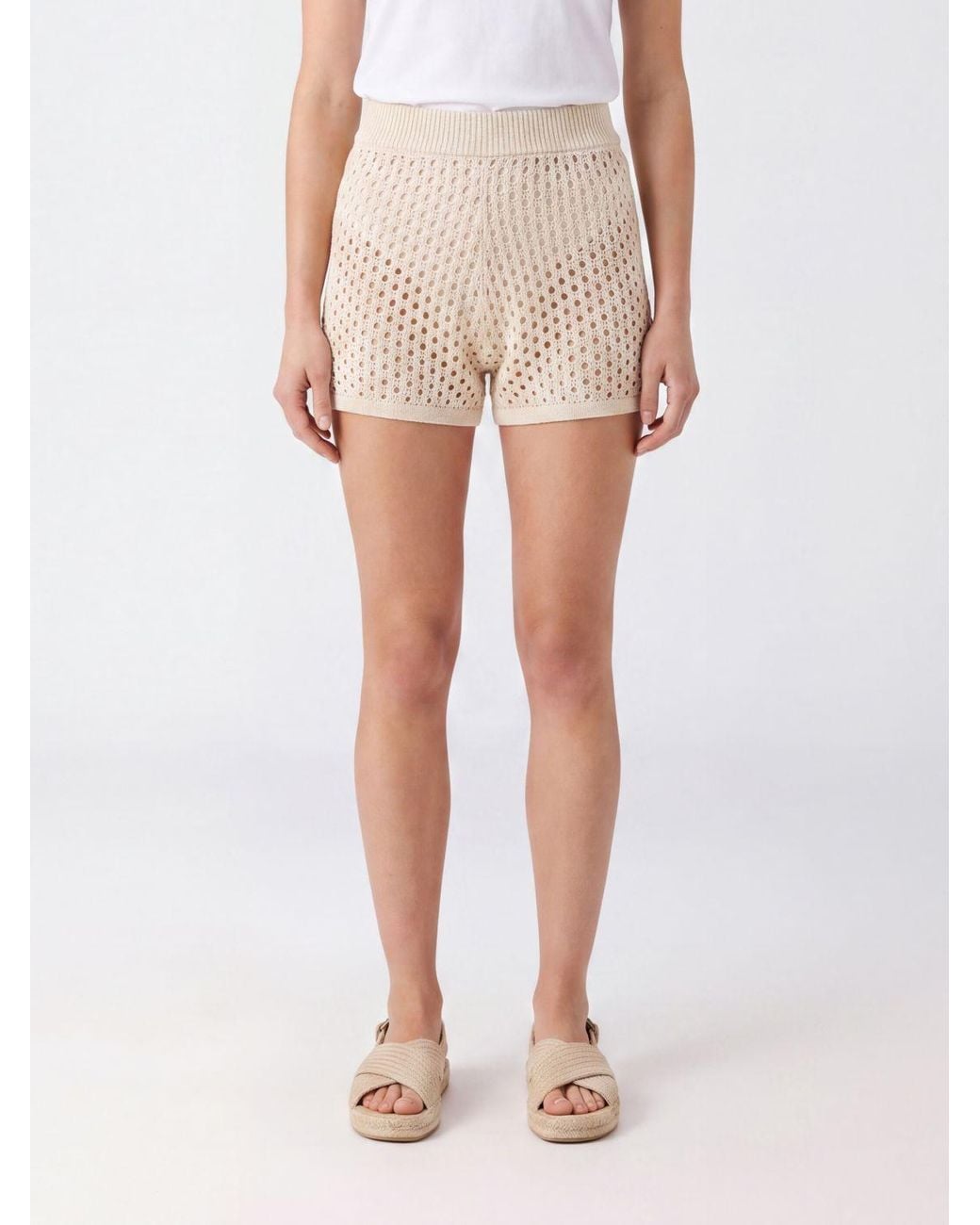 Mc2 Saint Barth Natural High-Waisted Crochet Cotton Slim Fit Shorts