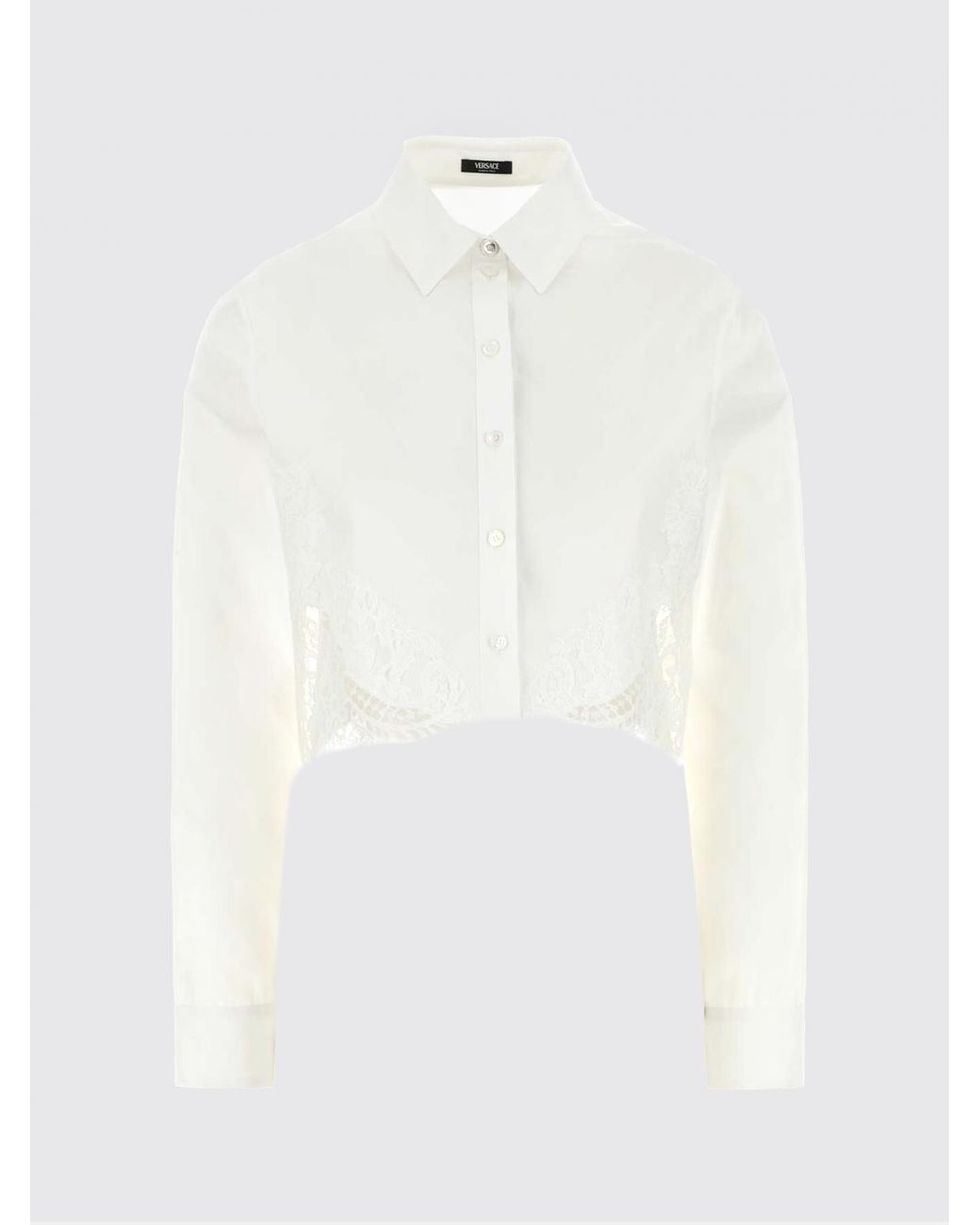 Versace White Cropped Cotton Shirt With Lace Inserts