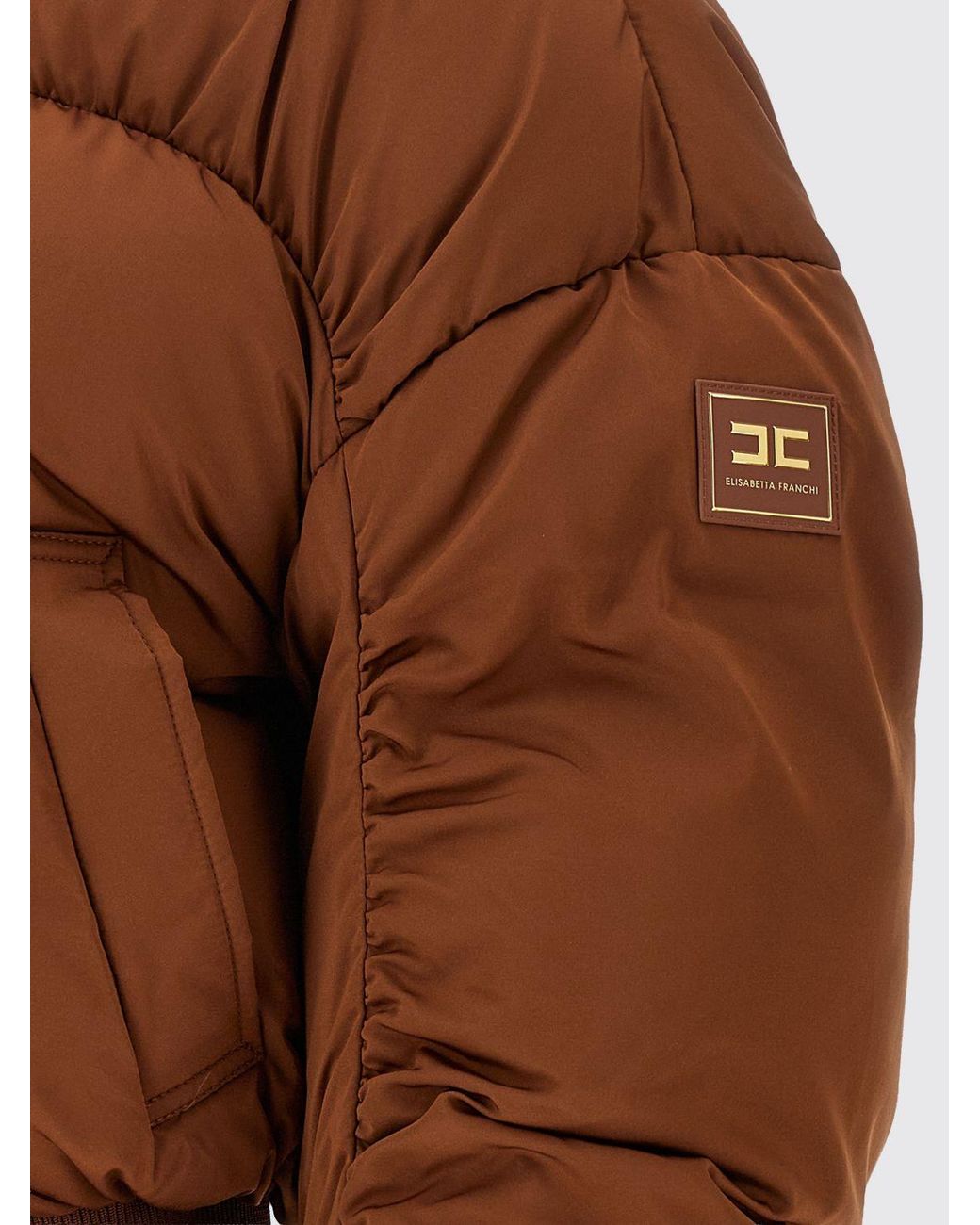 Elisabetta Franchi Brown Quilted Cropped Puffer Jacket With High Neck And Contrast Logo