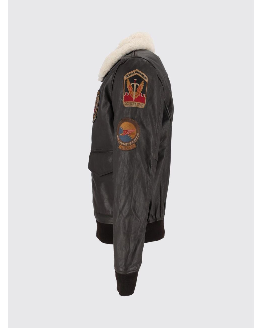 Schott Nyc Black College-Style Leather Jacket With Fur Collar And Logo Patch for men