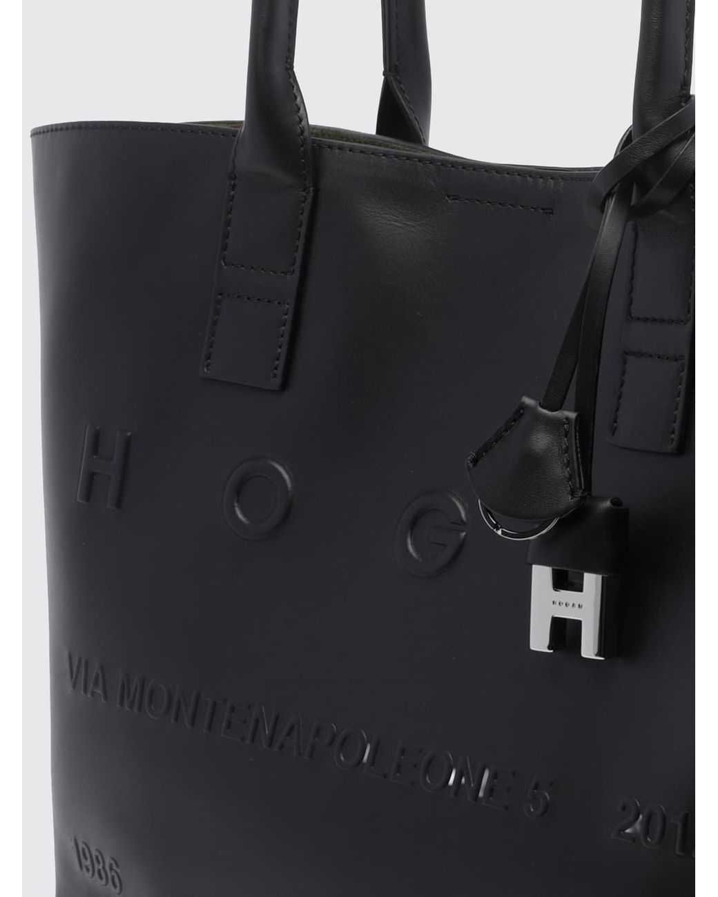 Hogan Black Address Small Calf Leather Tote Bag With Embossed Logo And Removable Pouch
