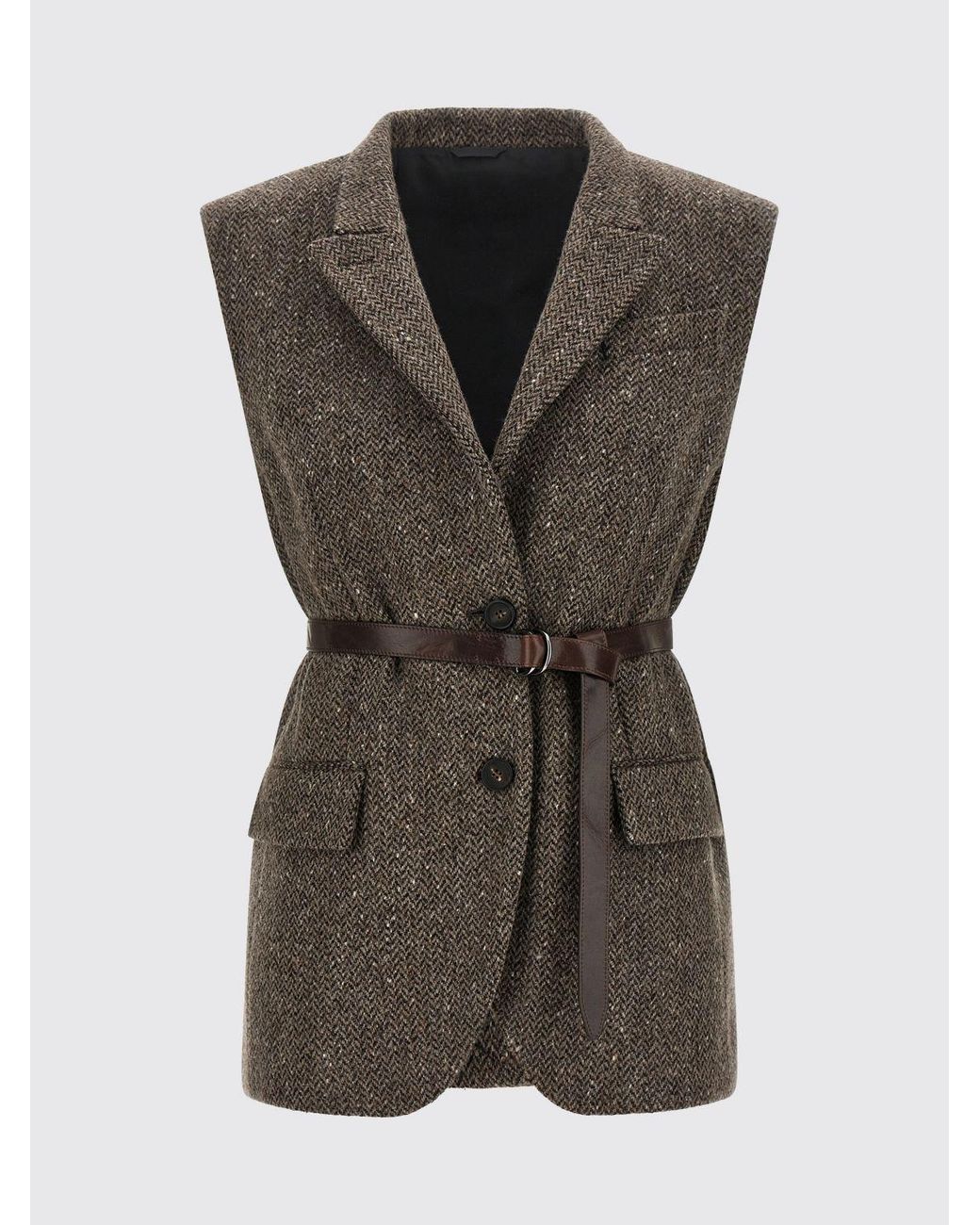 Brunello Cucinelli Gray Chevron Wool Tailored Waistcoat With Belt