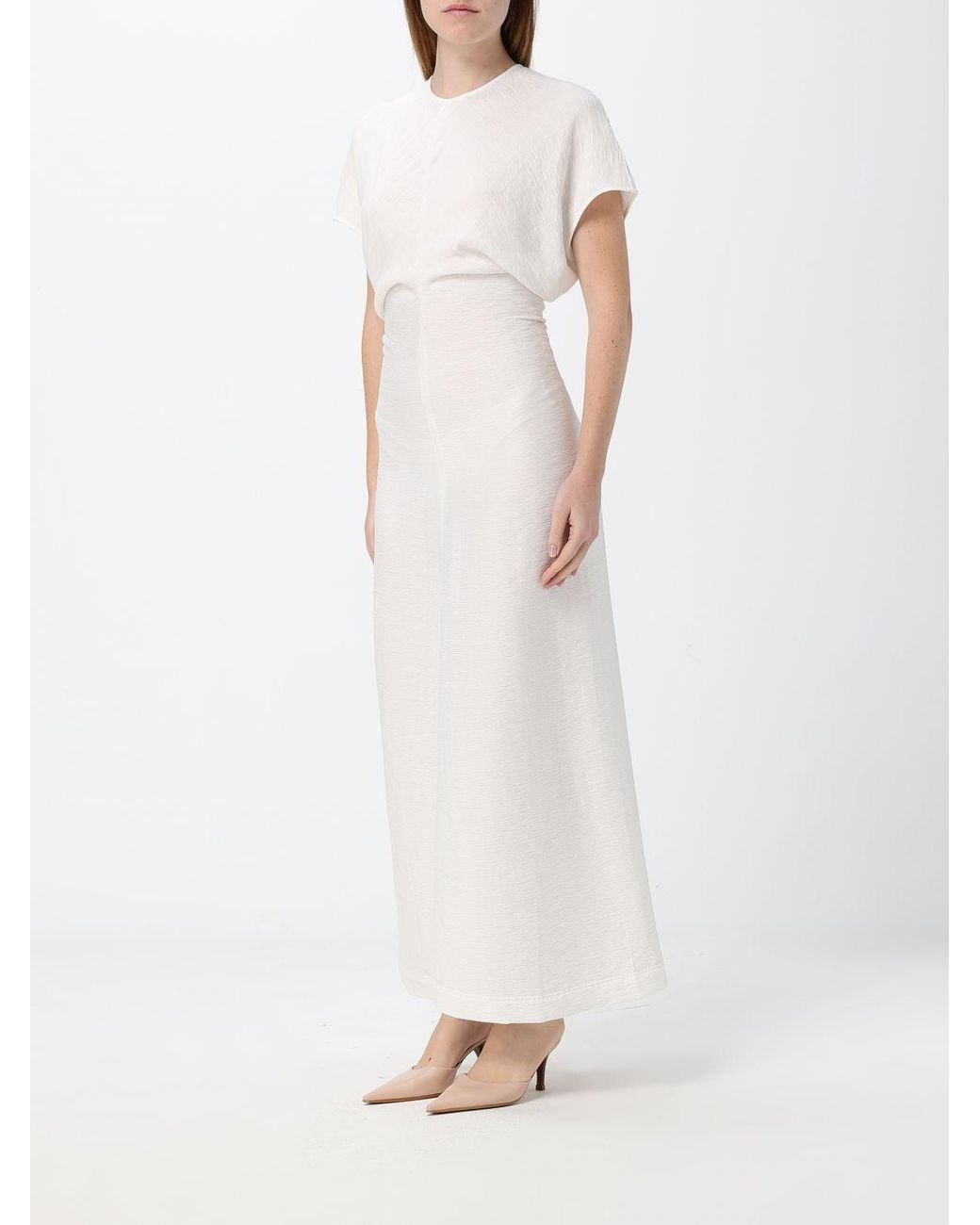 Totême White Draped Viscose Sheath Midi Dress With Short Sleeves