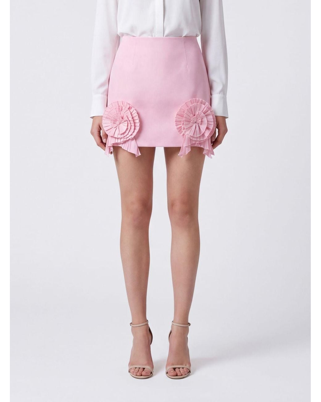 Blumarine Pink High-Waisted Crêpe Pencil Mini Skirt With Floral Appliqué