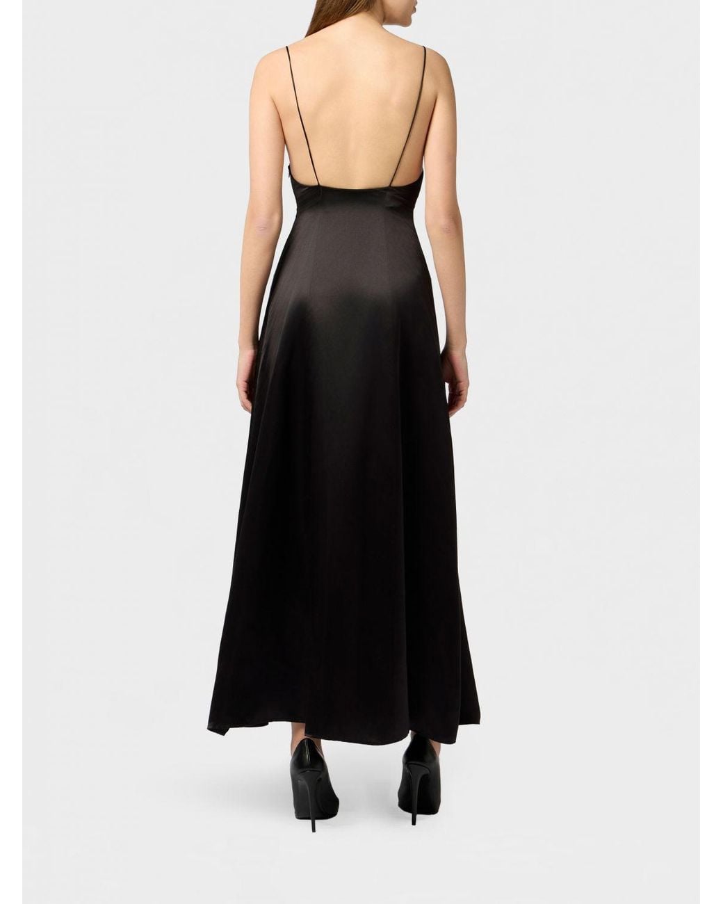 Philipp Plein Black Satin Midi Cocktail Dress With Square Neckline And Flower Appliqué