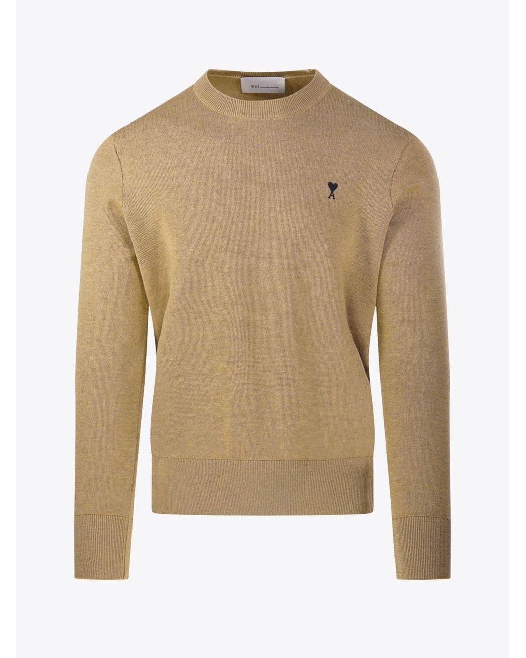 AMI Natural Crewneck Wool Jumper With Ami De Coeur Logo Embroidery for men