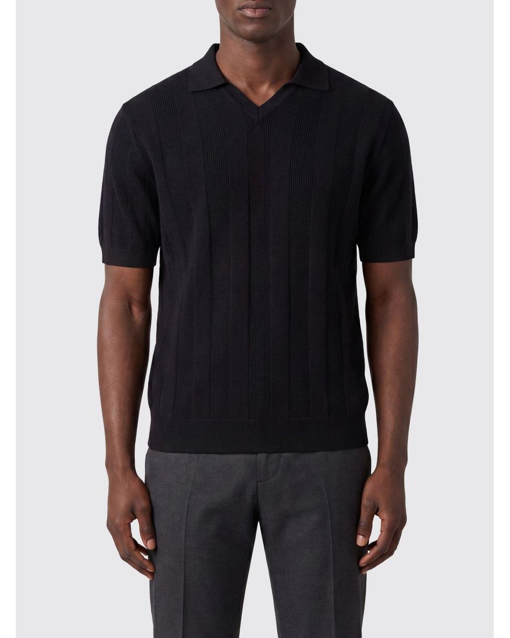 Kangra Black Short-Sleeved V-Neck Viscose Knit Polo Shirt With Ribbed Trims for men
