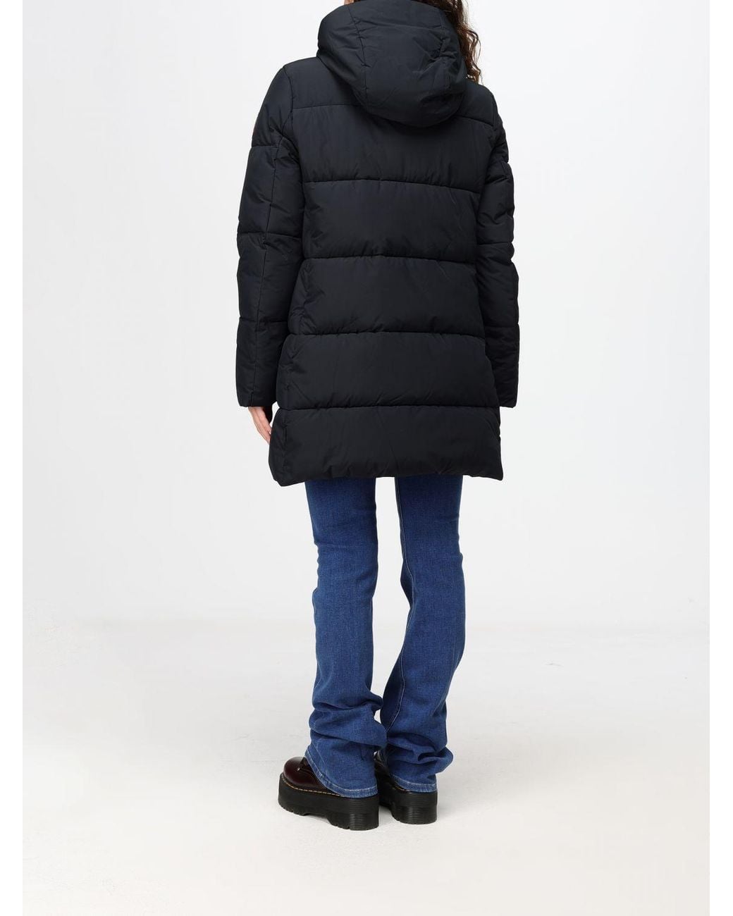 Save The Duck Blue Knee-Length Quilted Puffer Jacket With Hood And High Neck