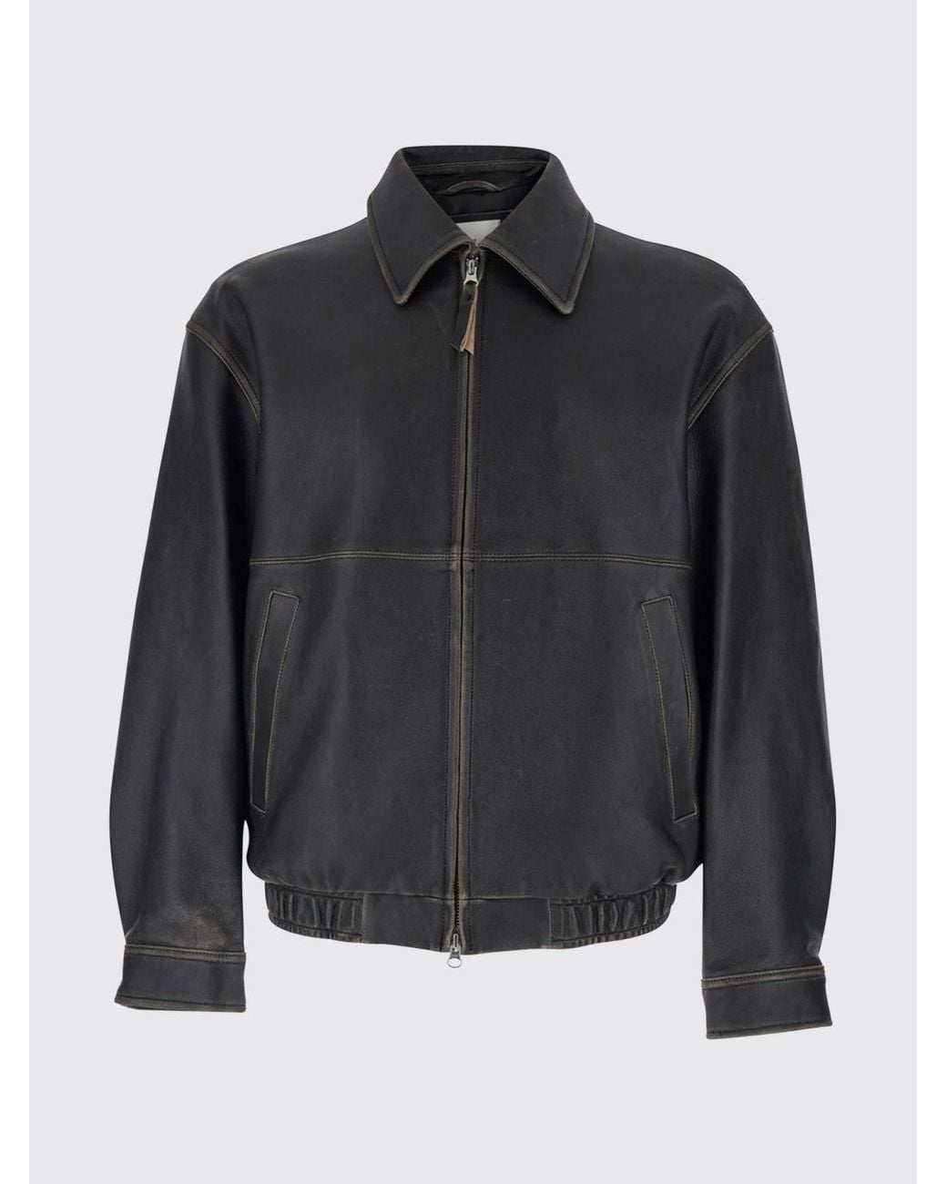 DUNST Gray Lambskin Leather Bomber Jacket With Classic Collar for men