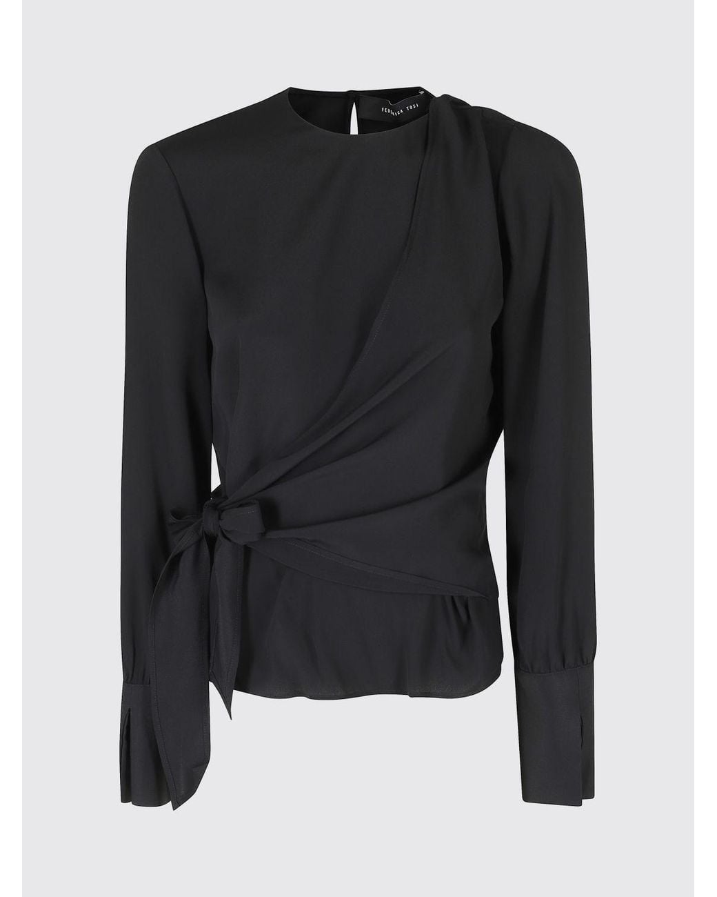 FEDERICA TOSI Black Draped Viscose Blouse With Tie-Waist Belt And Long Sleeves