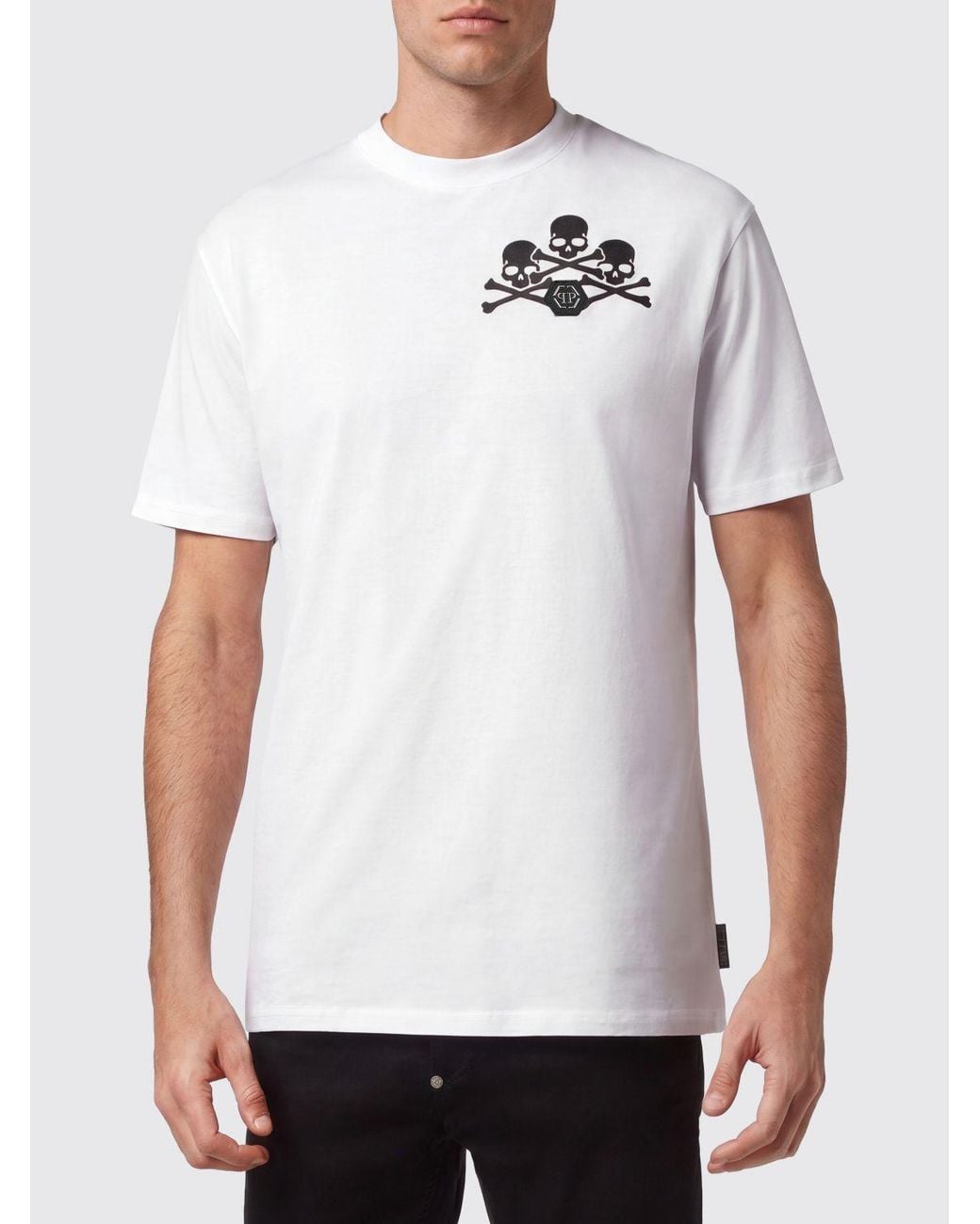 Philipp Plein White Cotton T-Shirt With Skull Print And Monogram Motif for men