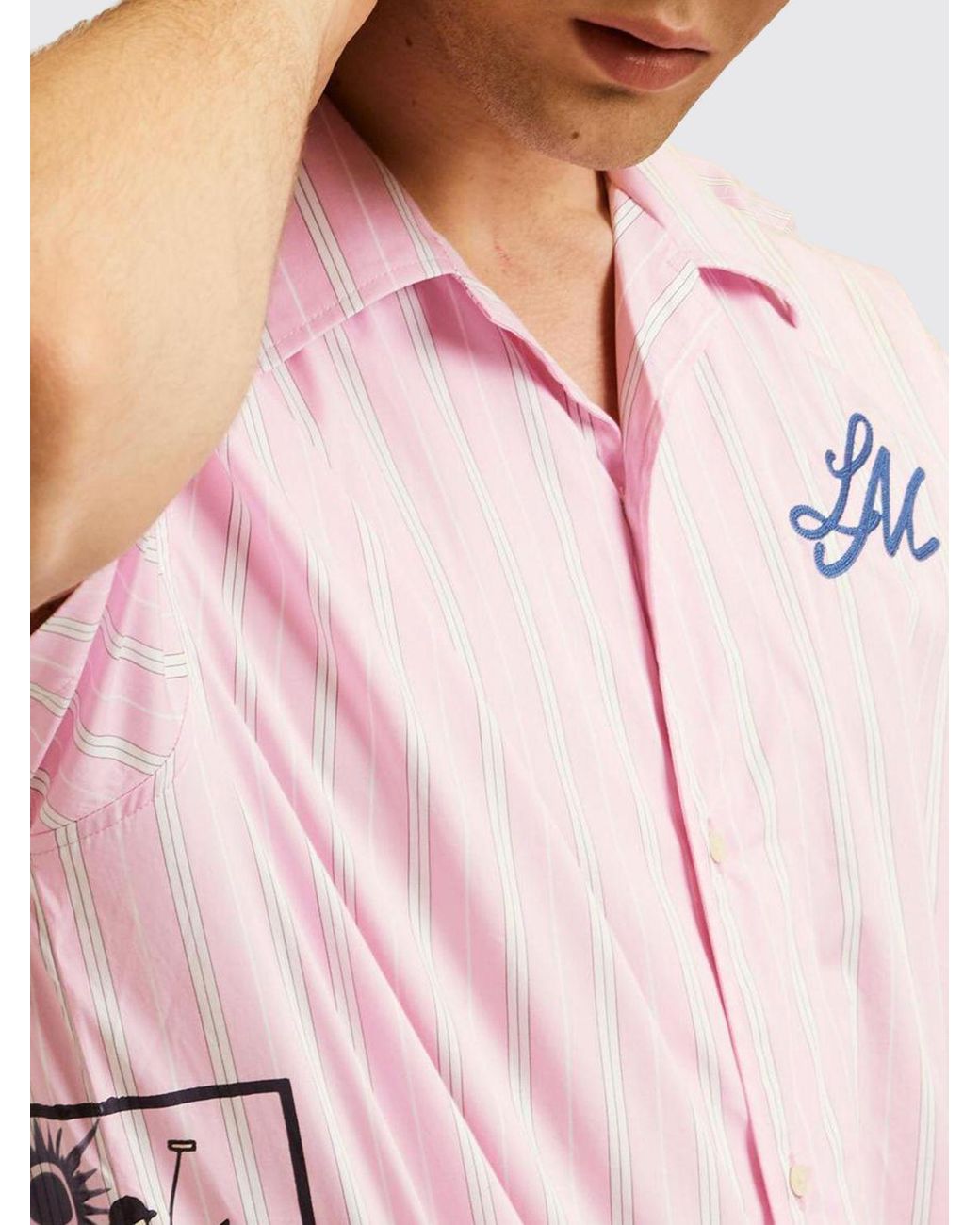 La Martina Pink Striped Relaxed Fit Cotton Shirt With Cuban Collar for men