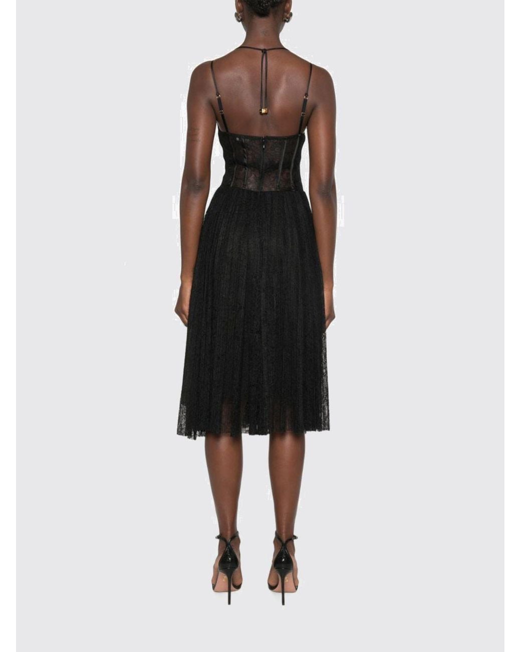 Elisabetta Franchi Black Lace Midi Slip Dress With V-Neck And Thin Straps