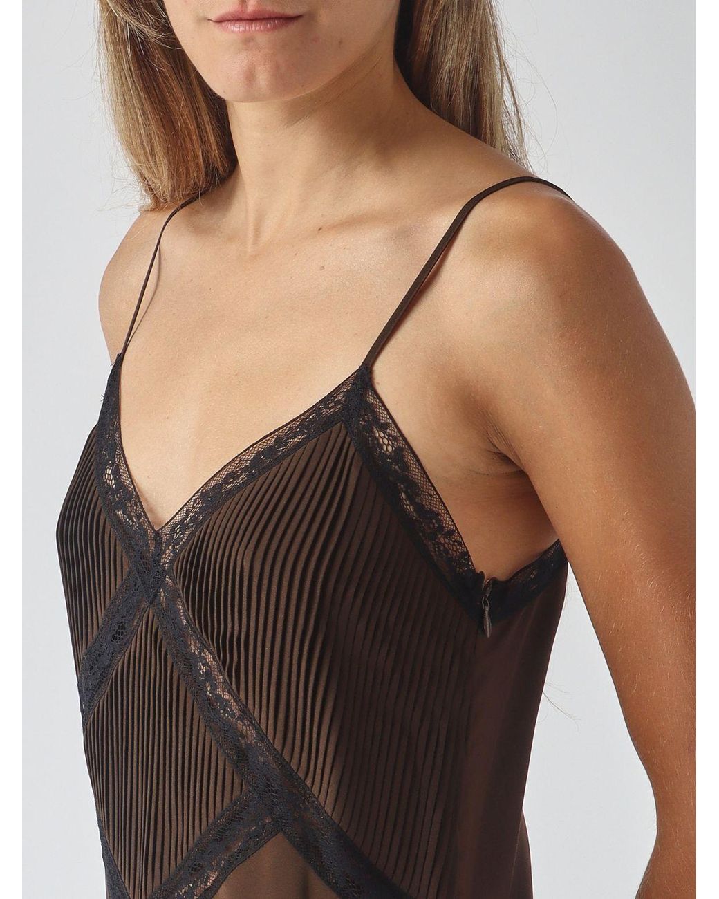 Twinset Brown Pleated Satin Midi Slip Dress With Lace Inserts