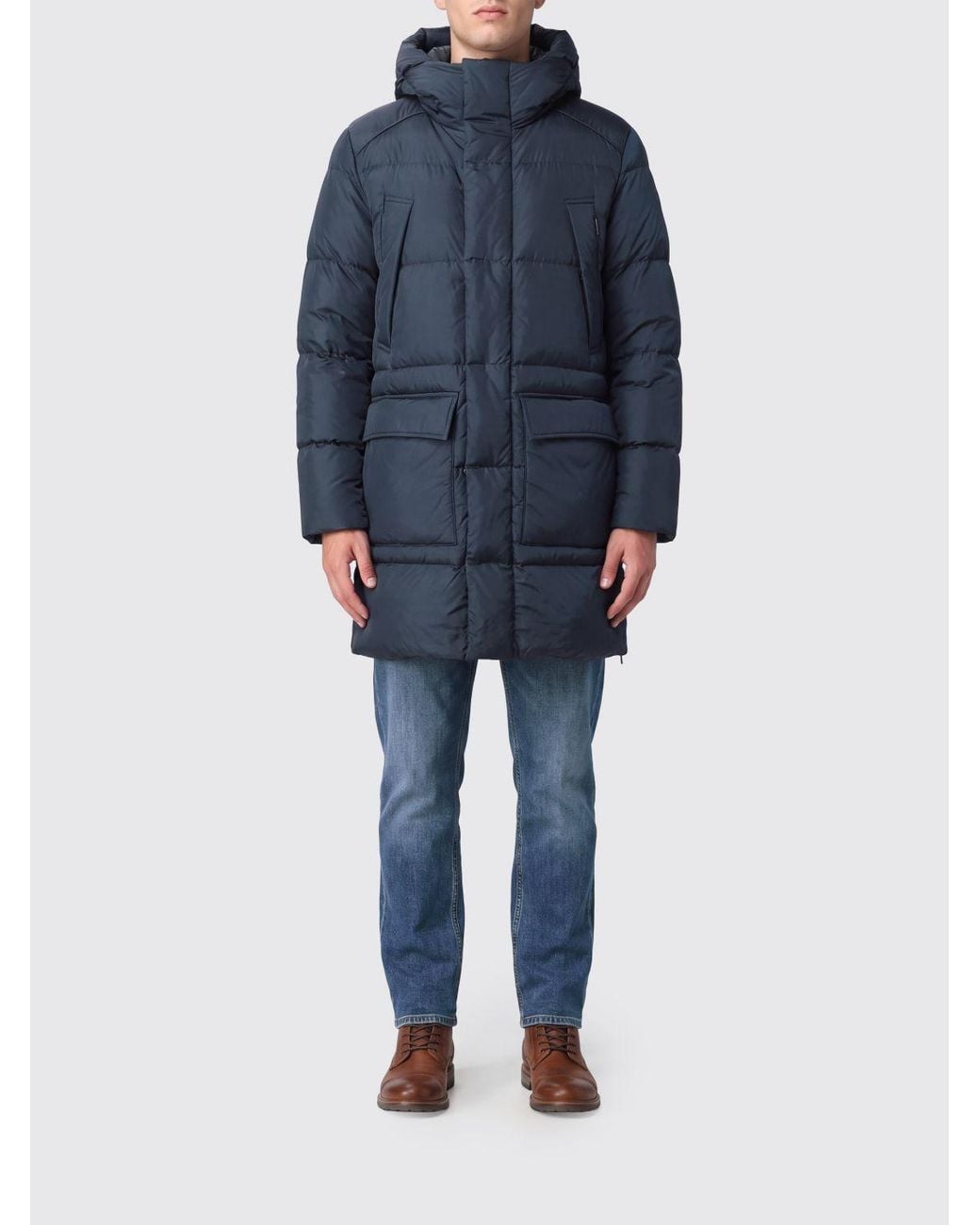 Add Blue Water-Repellent Nylon Long Down Jacket With Ped Hood for men