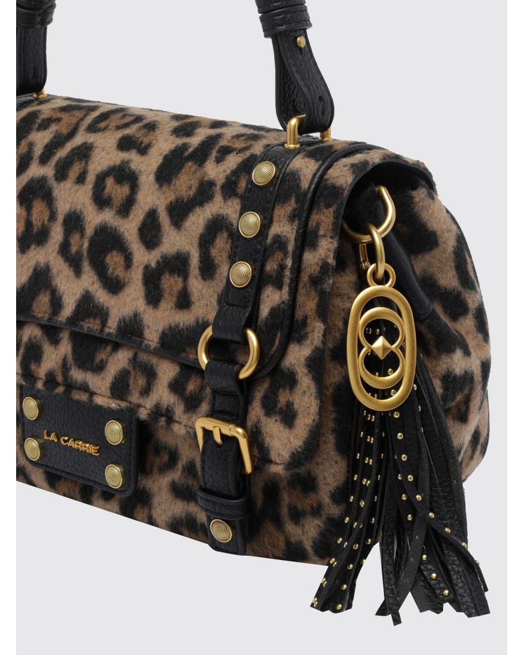 La Carrie Black Atena Animal Print Shoulder Bag With Tassels And Logo Charm
