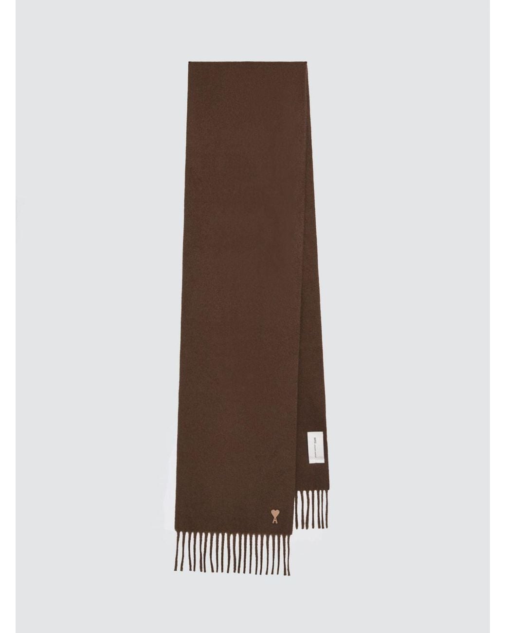 AMI Brown Rectangular Pure Wool Scarf With Logo And Fringed Hem for men