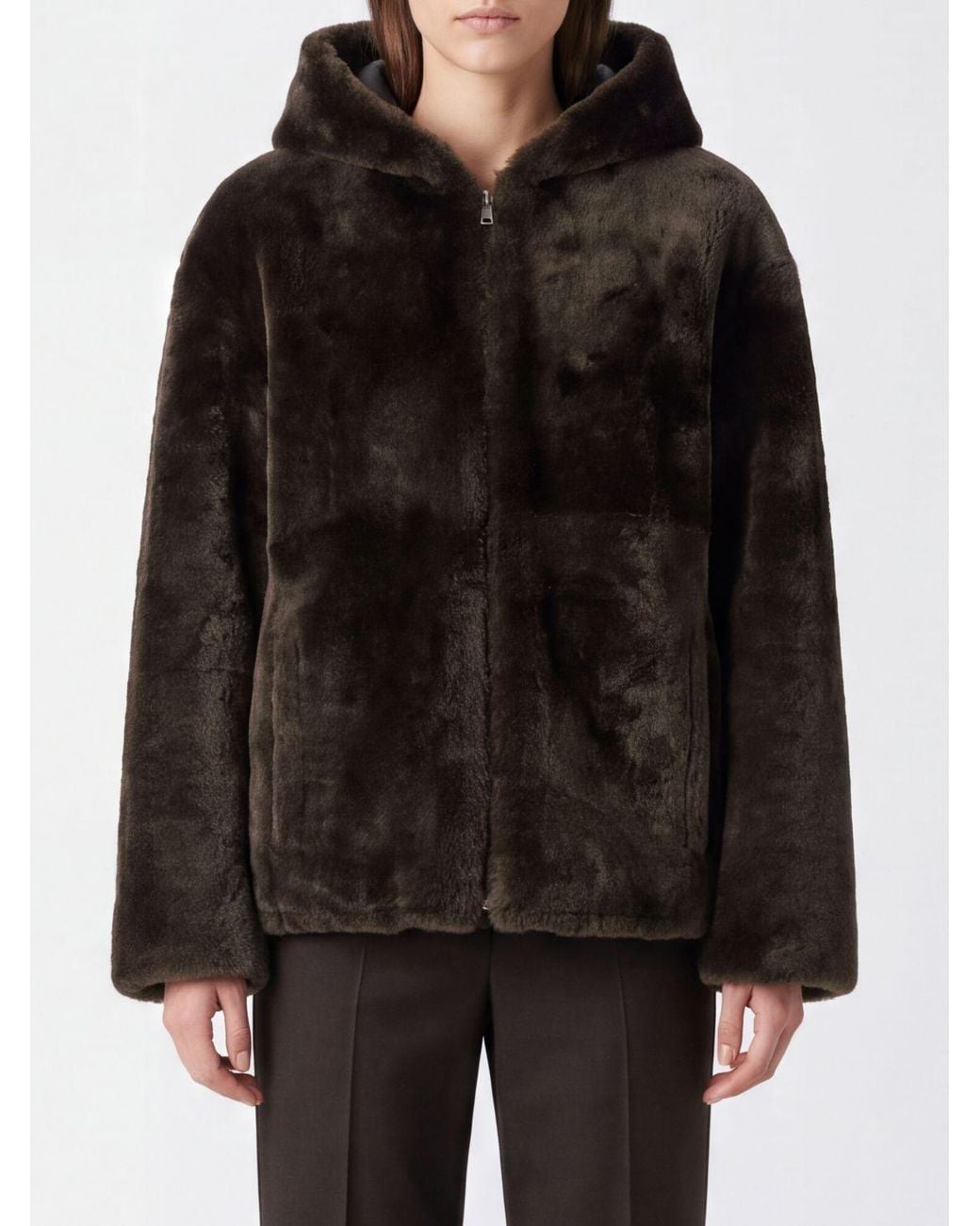Yves Salomon Black Hooded Shearling Jacket With Zip Closure