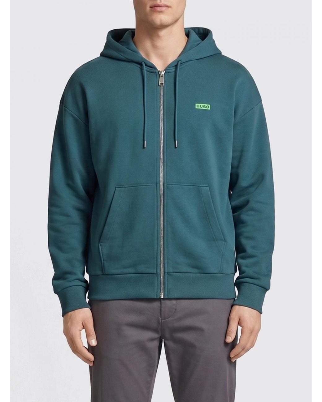 HUGO Blue Cotton Hoodie With Zip for men