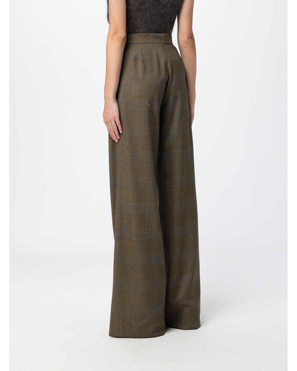 Max Mara Green Prince Of Wales Check Wool Flare Trousers