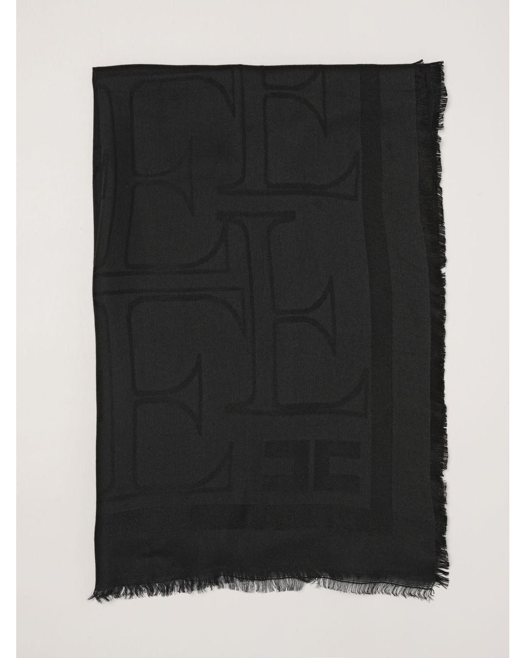 Elisabetta Franchi Black Modal And Viscose Scarf With Jacquard Logo And Fringed Edges