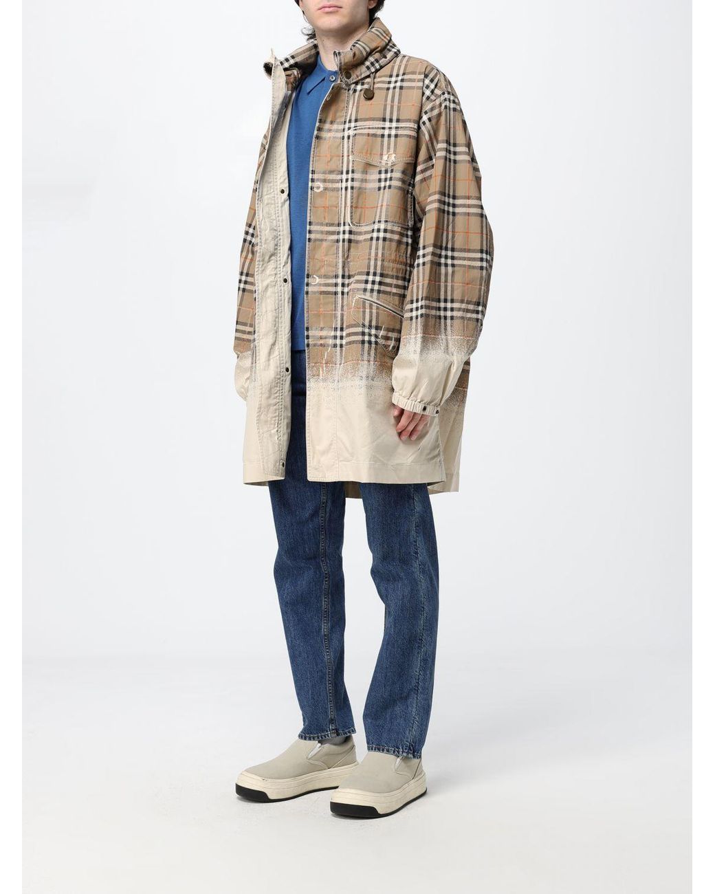 Burberry Natural Knee-Length Cotton Gabardine Parka With Check Details for men