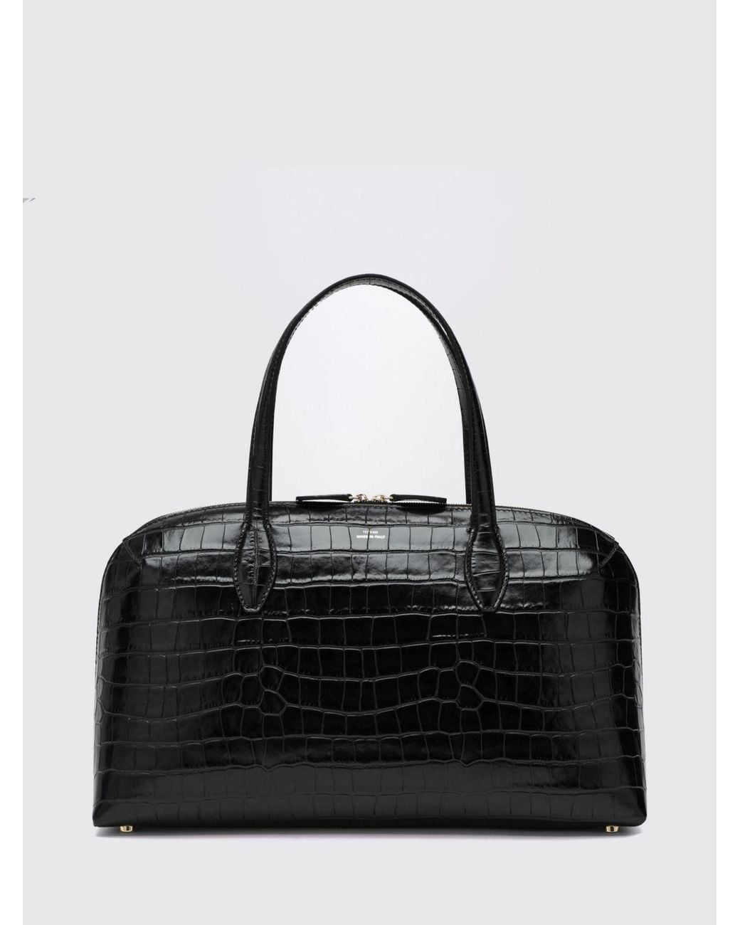 Totême Black Leather Handbag With Croc Print, Double Handle And Shoulder Strap