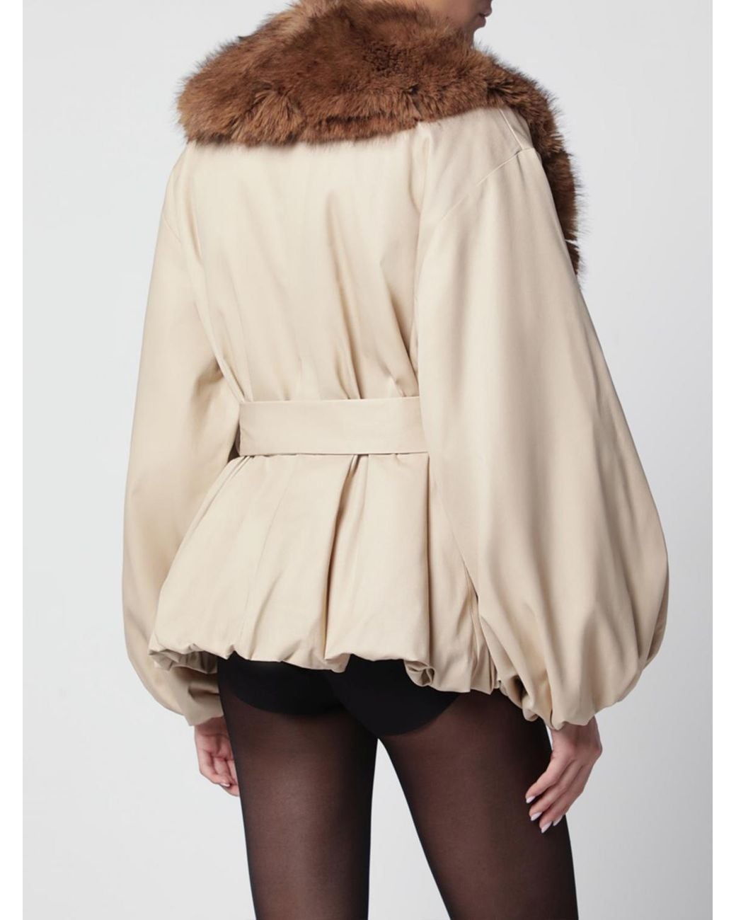 ROTATE BIRGER CHRISTENSEN Brown Faux Fur Coat With Balloon Sleeves And Belt
