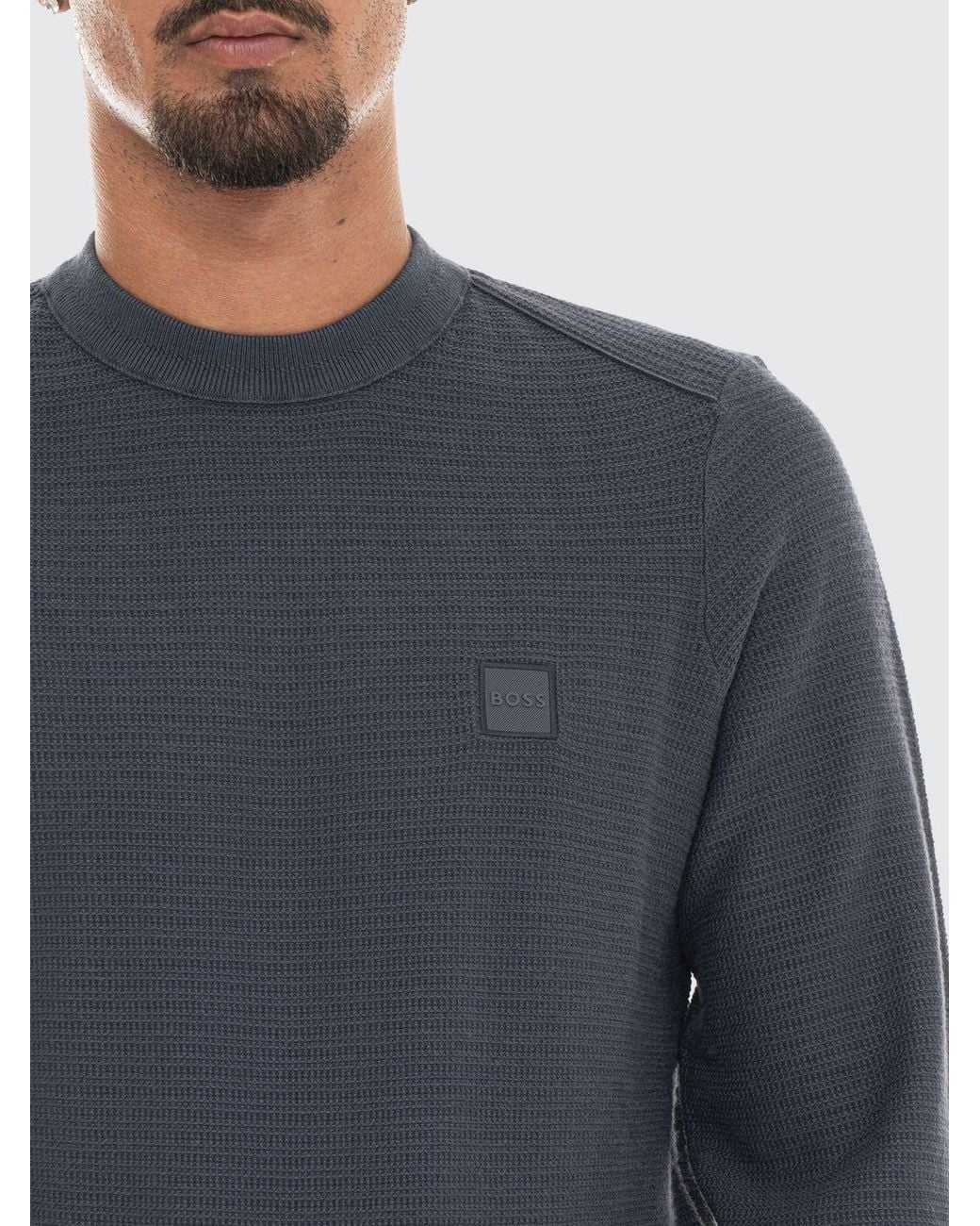 Boss Blue Cotton And Cashmere Crewneck Jumper With Tone-On-Tone Logo for men