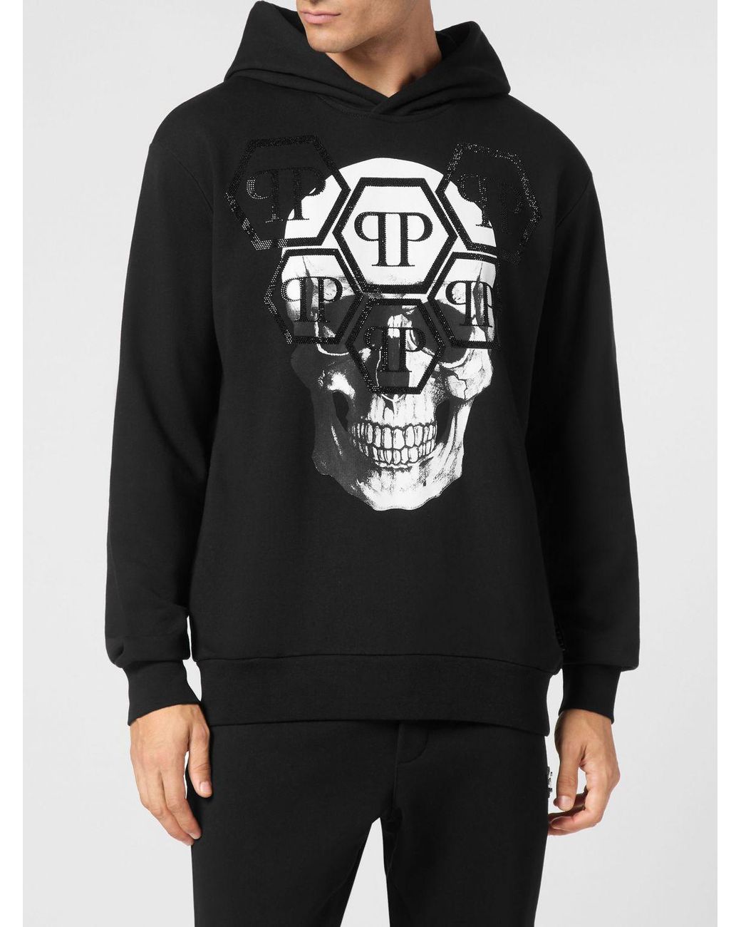 Philipp Plein Black Cotton Hoodie With Skull Print And Rhinestone Logo for men