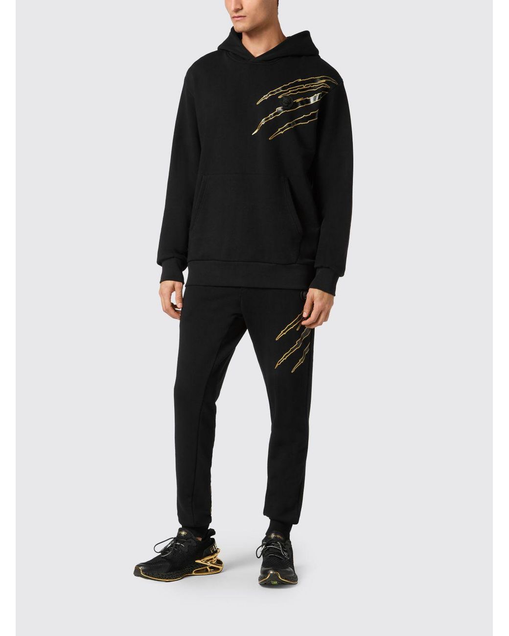 Philipp Plein Black Cotton Hoodie With Graphic Print And Hexagon Logo for men