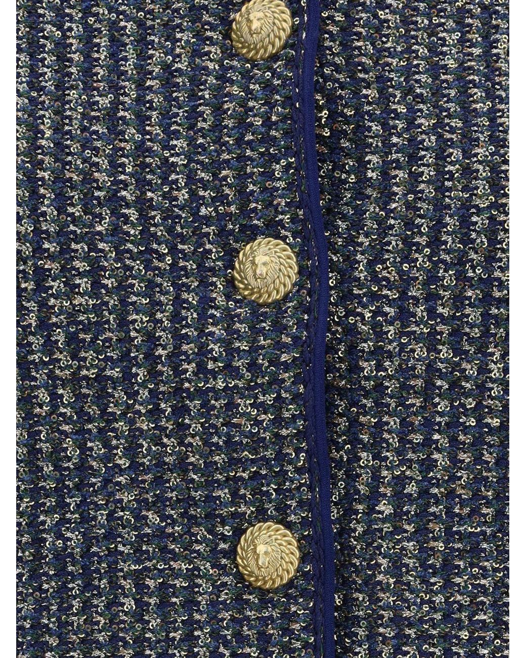 Balmain Blue Bicolour Bouclé Crewneck Cardigan With Metallic Buttons