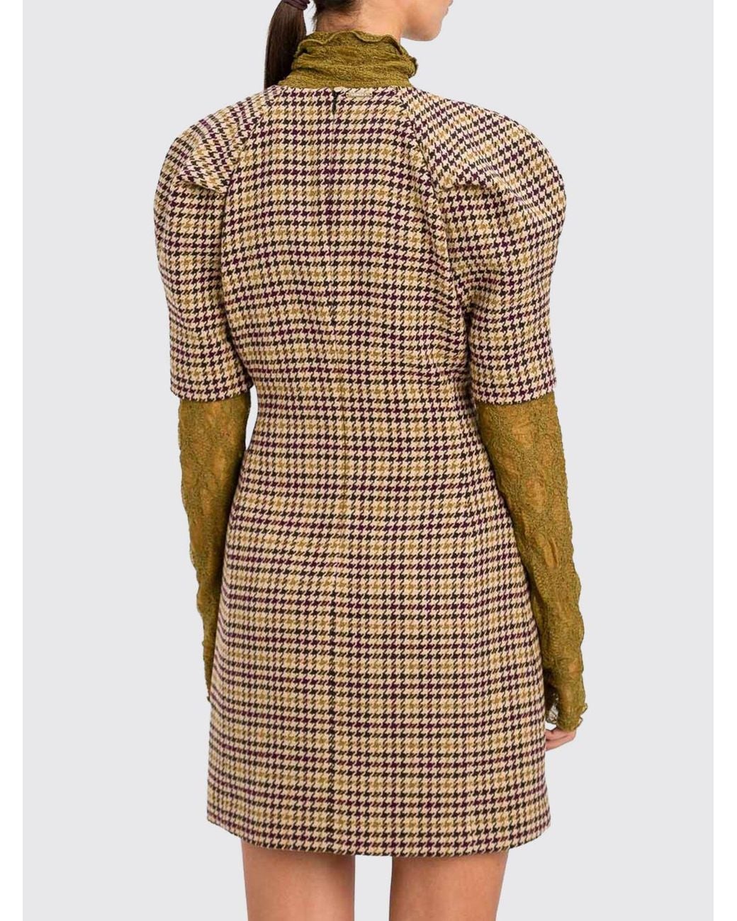Twinset Natural Houndstooth Sheath Mini Dress With Puff Sleeves And Lace Inserts