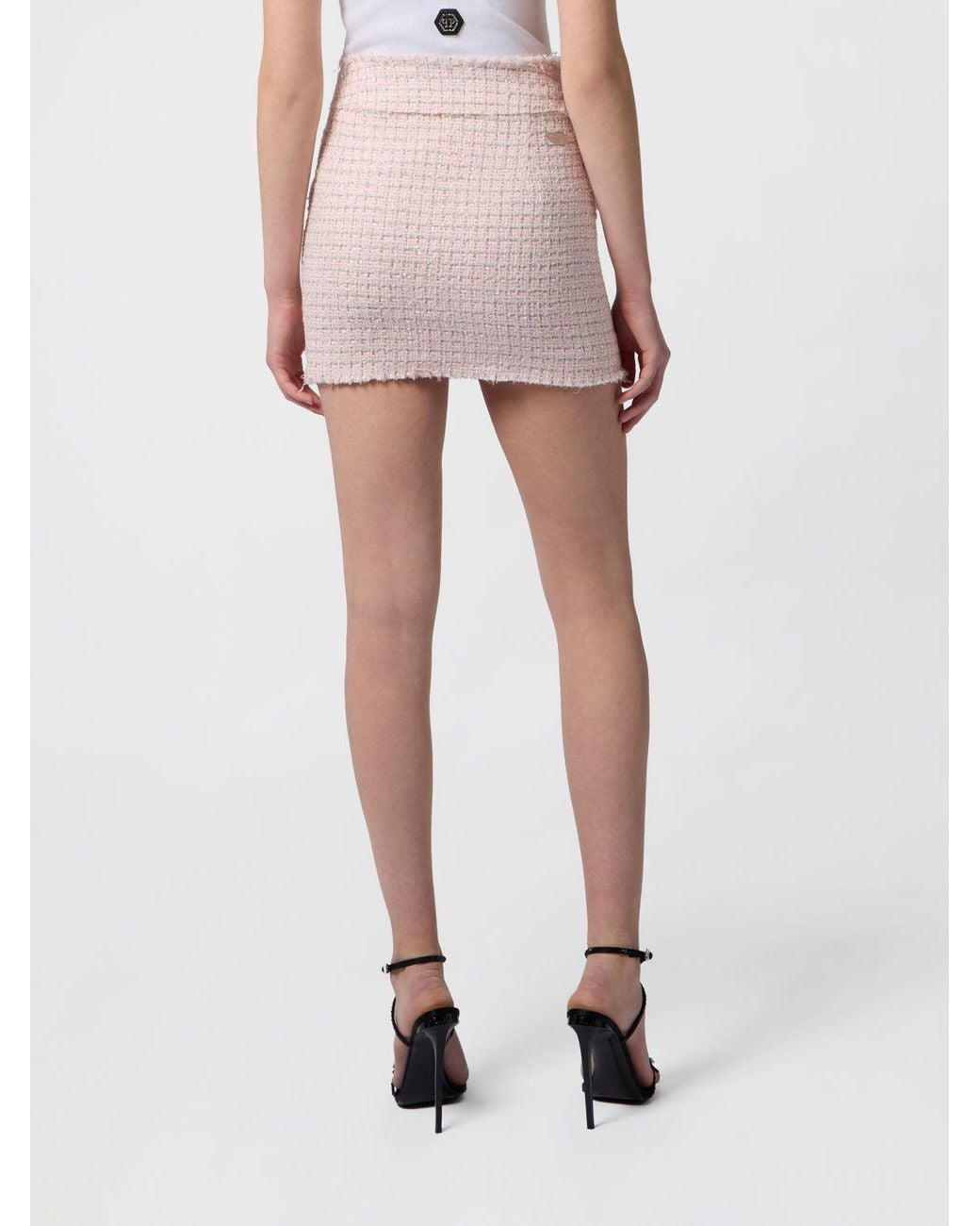 Philipp Plein Pink High-Waisted Tweed Pencil Mini Skirt With Jewel Buttons