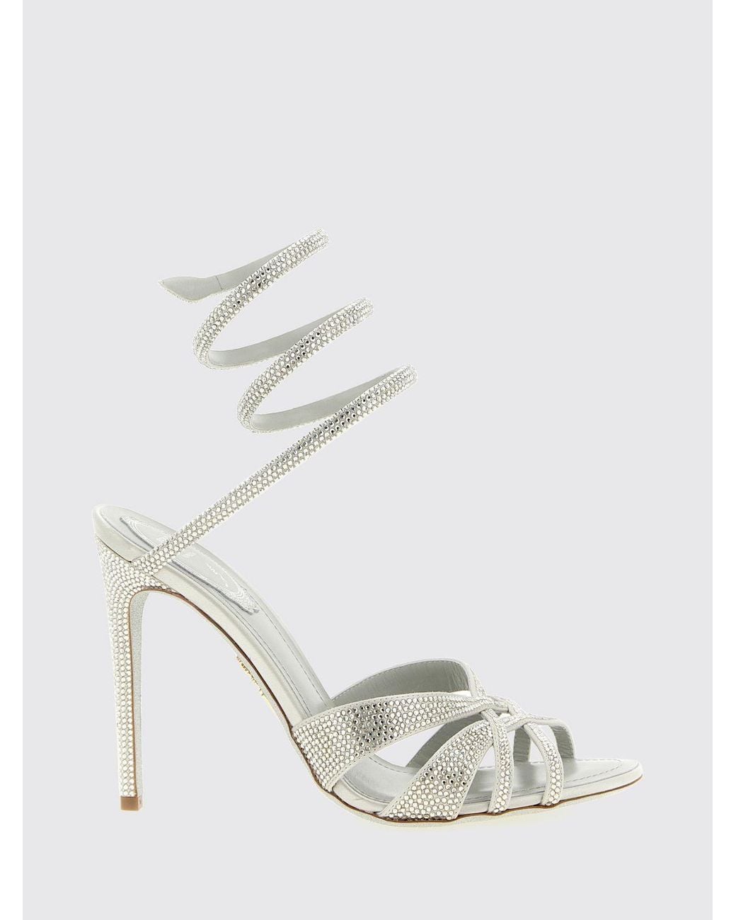 Rene Caovilla White High-Heeled Satin Sandals With Rhinestone-Covered Snake Strap
