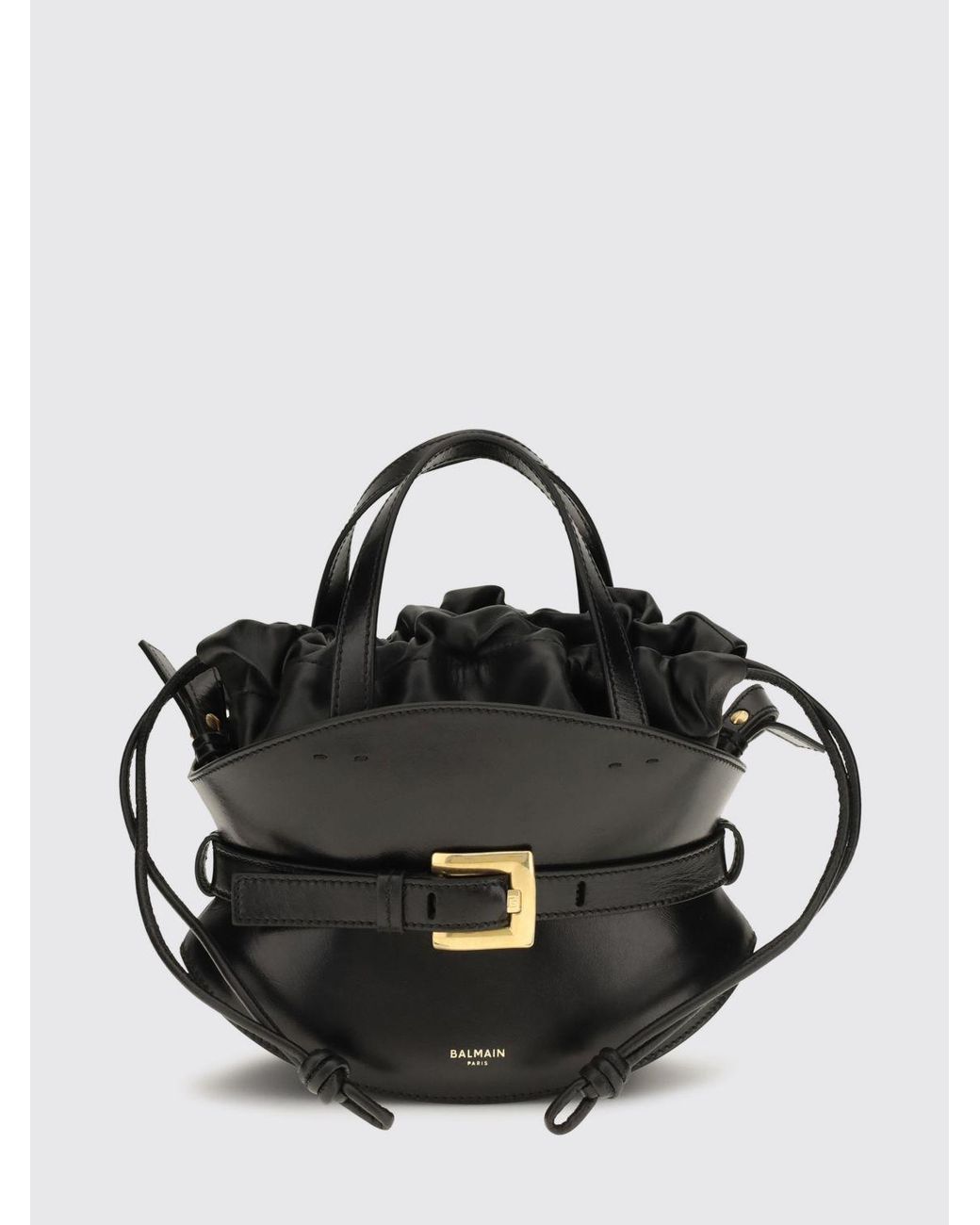 Balmain Black Shuffle Leather Hourglass Handbag With Drawstring Closure