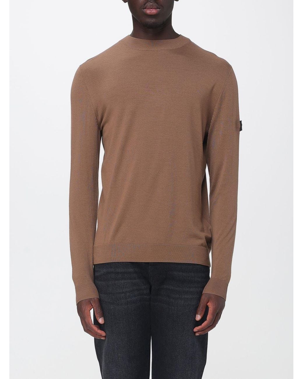Peuterey Brown Pure Wool Crew-Neck Jumper With Logo Patch On The Sleeve for men