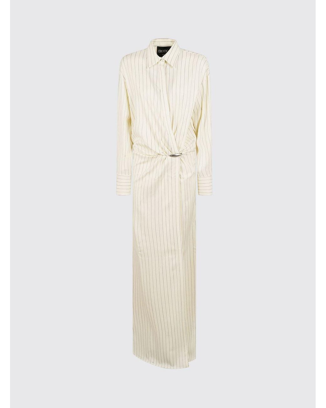 Dondup Natural Striped Virgin Wool Long Sheath Dress With Draped Waist