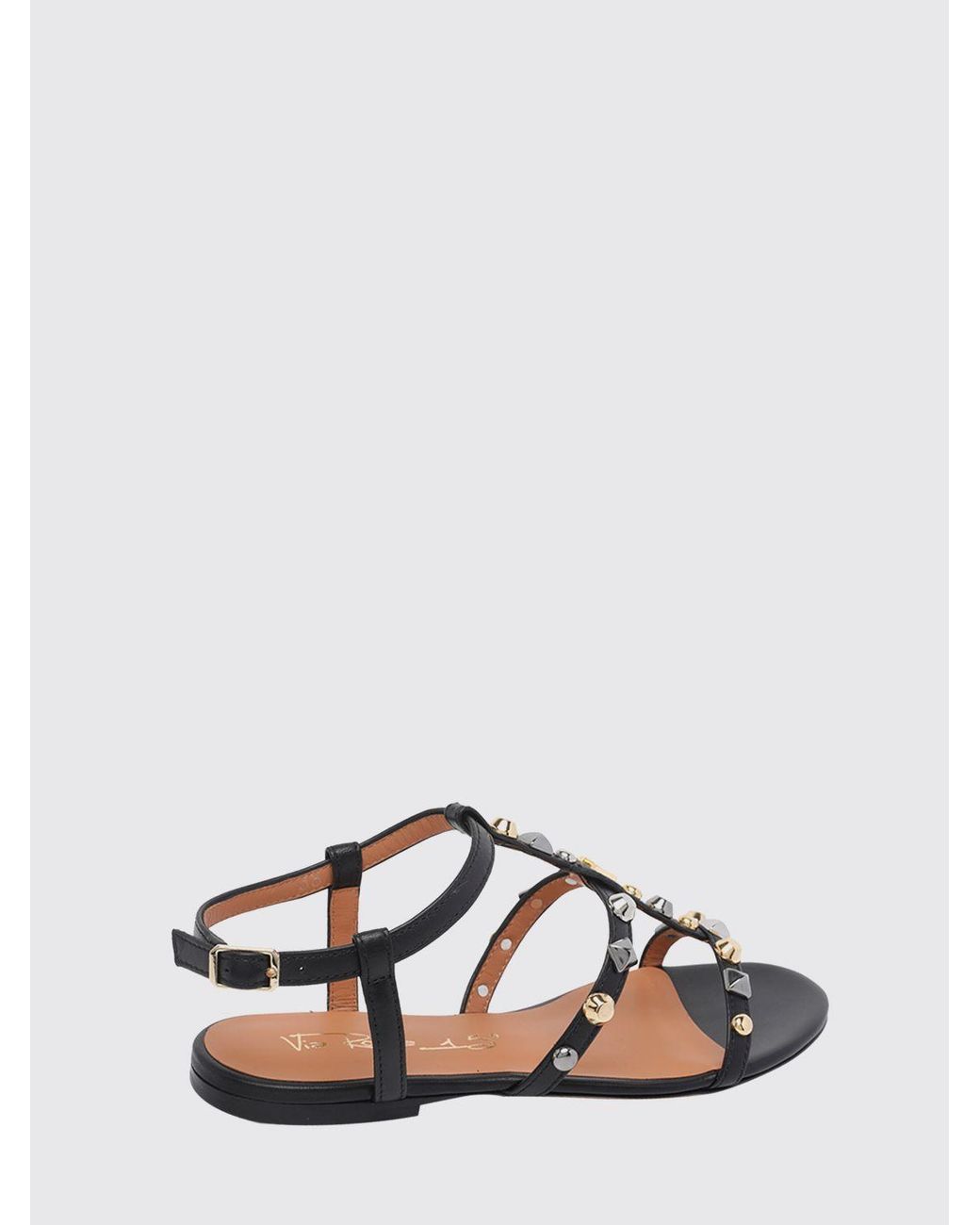 Via Roma 15 Black Flat T-Strap Smooth Calfskin Leather Sandals With Stud Application