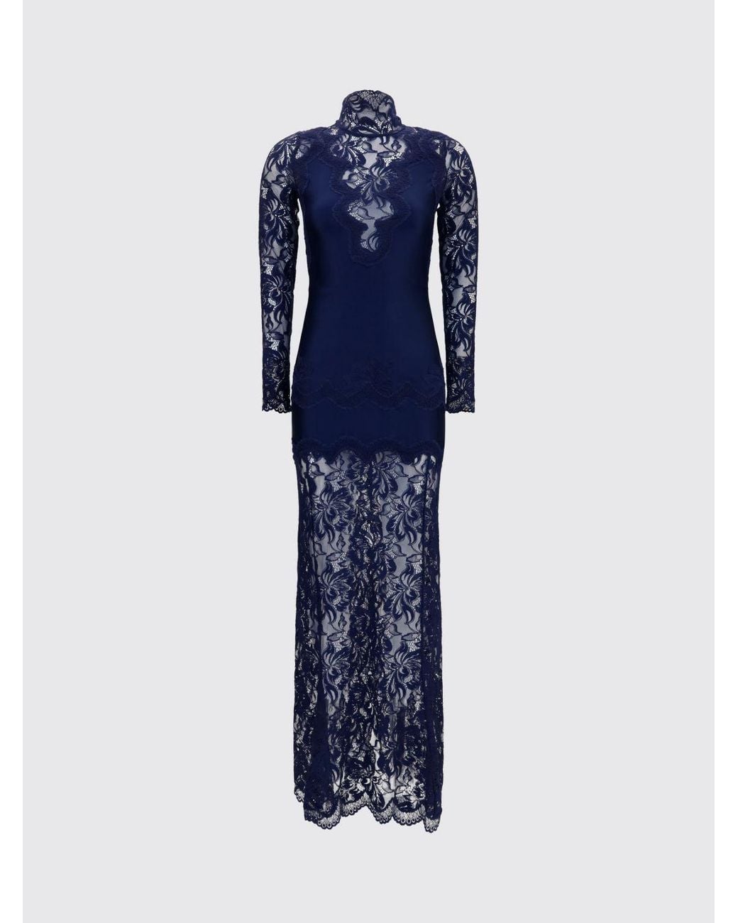 Rabanne Blue Long-Sleeved Satin And Lace High-Neck Gown With Bow Detail