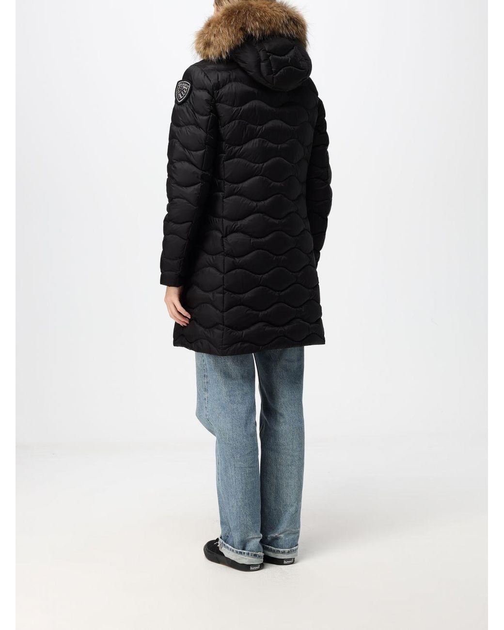 Blauer Black Slim Fit Long Nylon Down Jacket With Shearling Hood